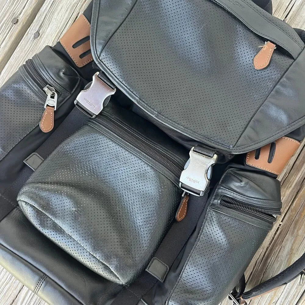 Coach Terrain Trek Backpack Perforated Leather Nylon Bag Black F57477
